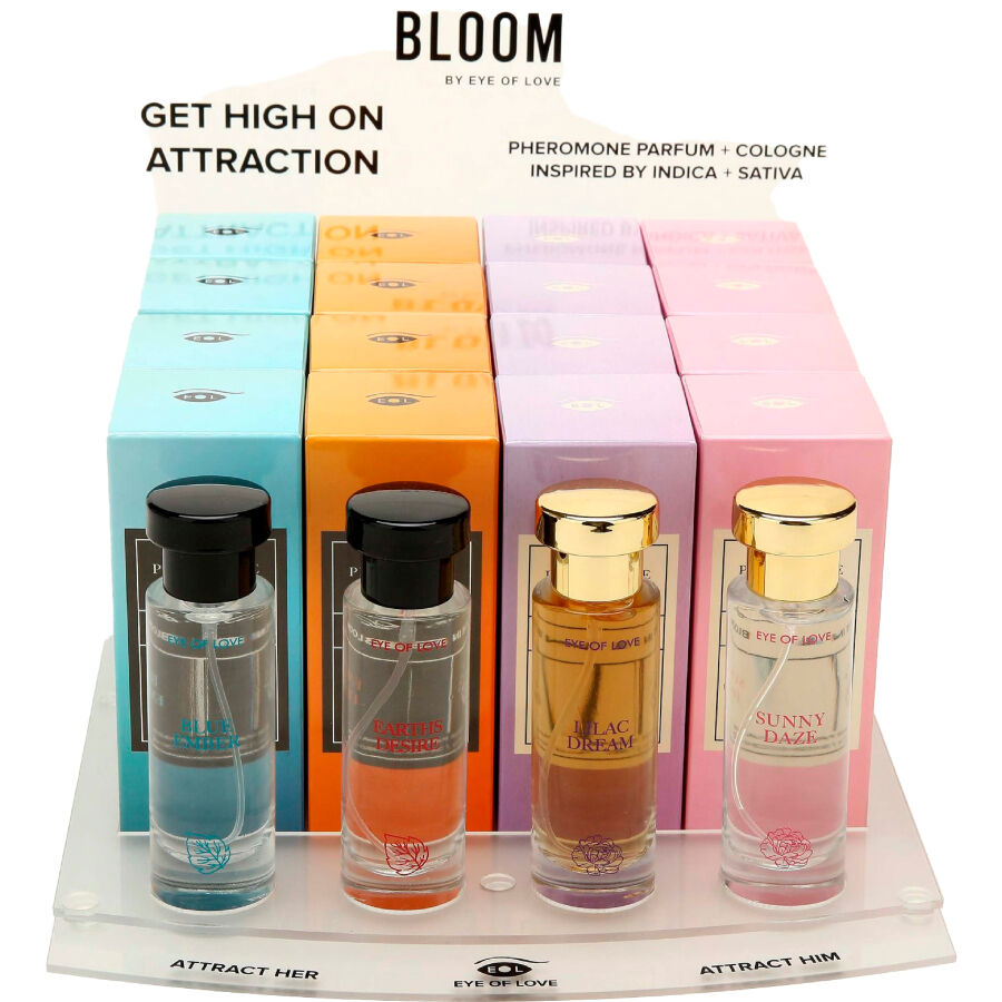 Espositore di profumi Eye of Love Bloom 4x4 da 30 ml con fiale di fragranze floreali in confezione elegante.