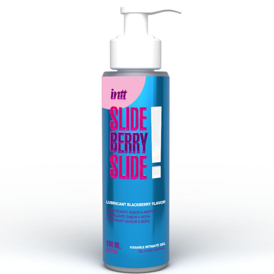 Lubrificante intimo Kissable a base d'acqua INTT RELEASES con aroma di mora, flacone da 100 ml, immagine del prodotto.