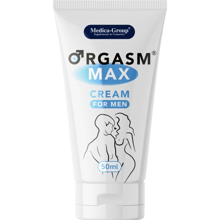 Crema intima MEDICA GROUP Orgasm Max per uomo, 50 ml, confezione con tubo di crema visibile in primo piano.