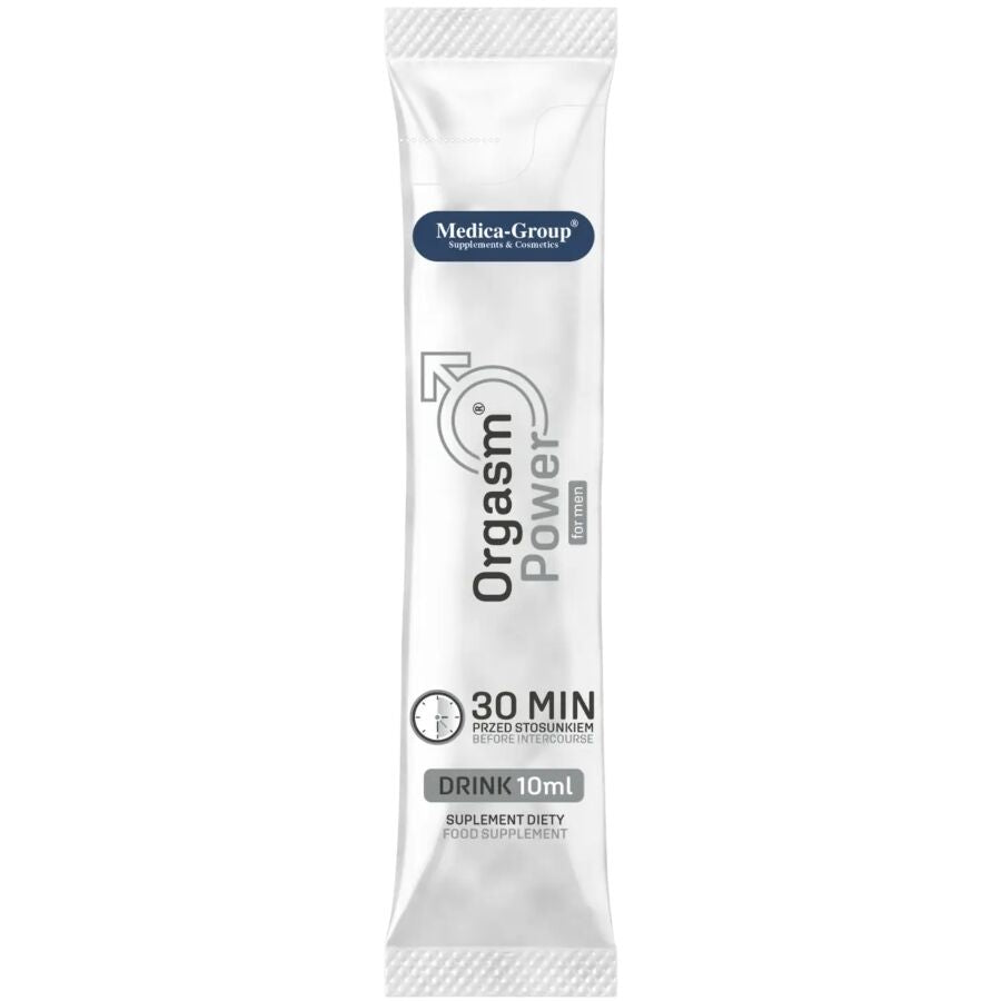Bottiglia di 10 ml di MEDICA GROUP Orgasm Power Drink per uomo, confezione con etichetta e dettagli sul prodotto.