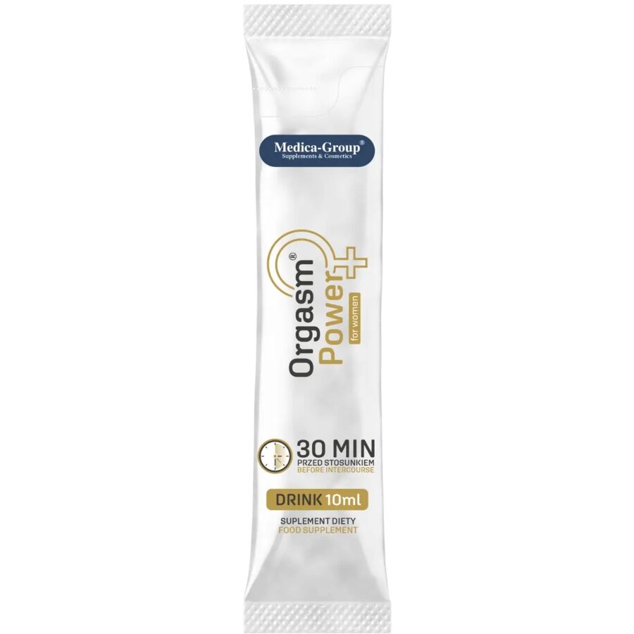 Bottiglia di ORGASM POWER DRINK per donne del marchio MEDICA GROUP, 10 ml, con etichetta colorata e design elegante