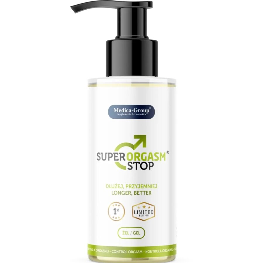 Gel intimo MEDICA GROUP Super Orgasm Stop per uomo, bottiglia da 150 ml, con confezione e etichetta visibile