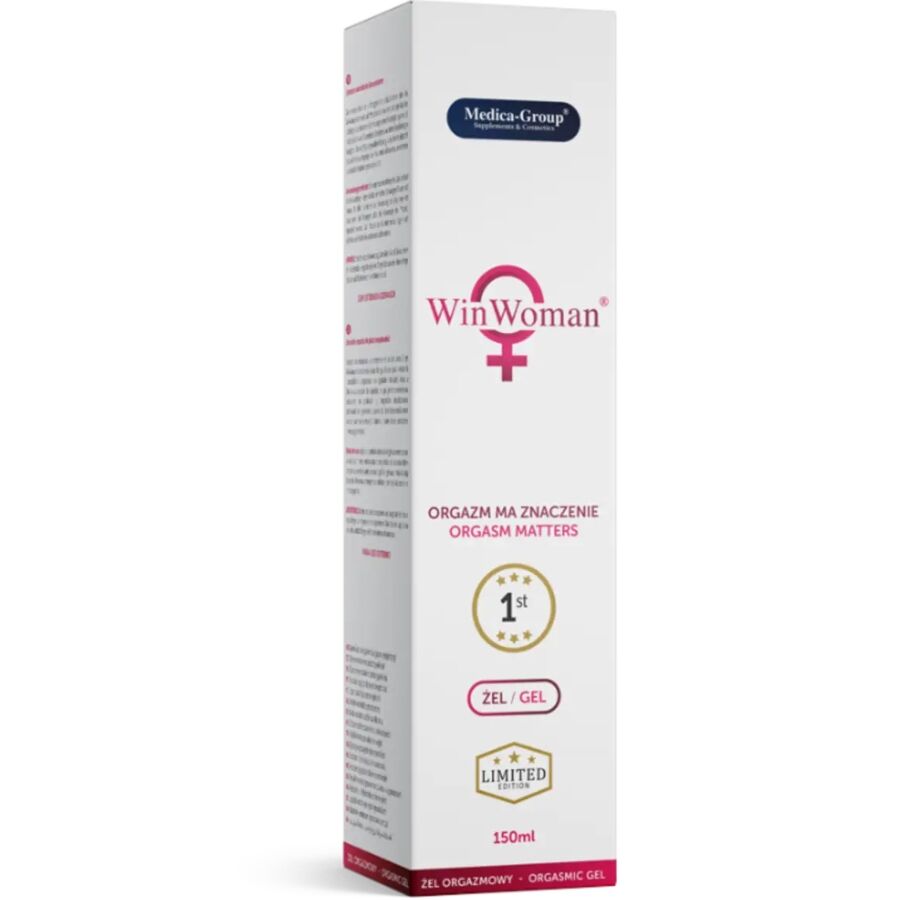 Gel intimo femminile MEDICA GROUP WIN WOMAN, flacone da 150 ml con etichetta blu e bianca, visibile in primo piano.