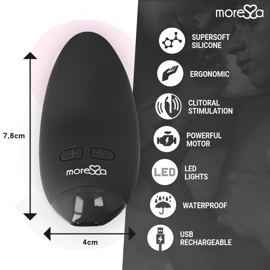 Vibratore Blossom nero di MORESSA, dispositivo di stimolazione in silicone con design ergonomico e funzionalità avanzate.