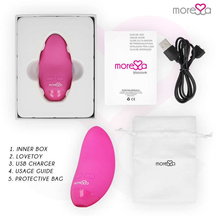 Vibratore Blossom rosa di MORESSA, elegante e compatto, con superficie liscia e design ergonomico per stimolazione.