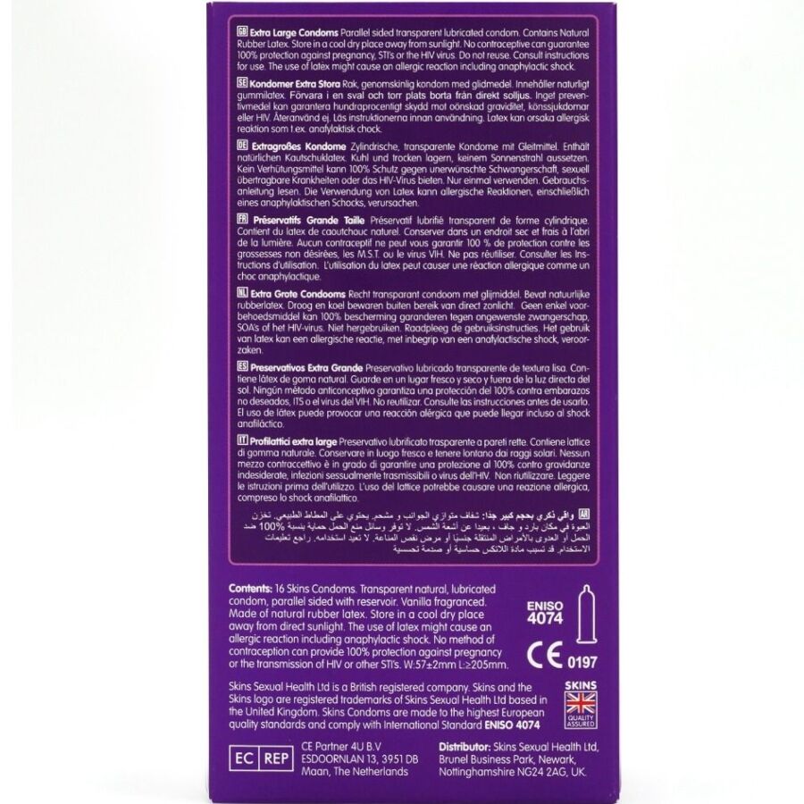 Confezione da 16 preservativi extra large SKINS, confezione premium con pellicola trasparente, design e logo visibili.