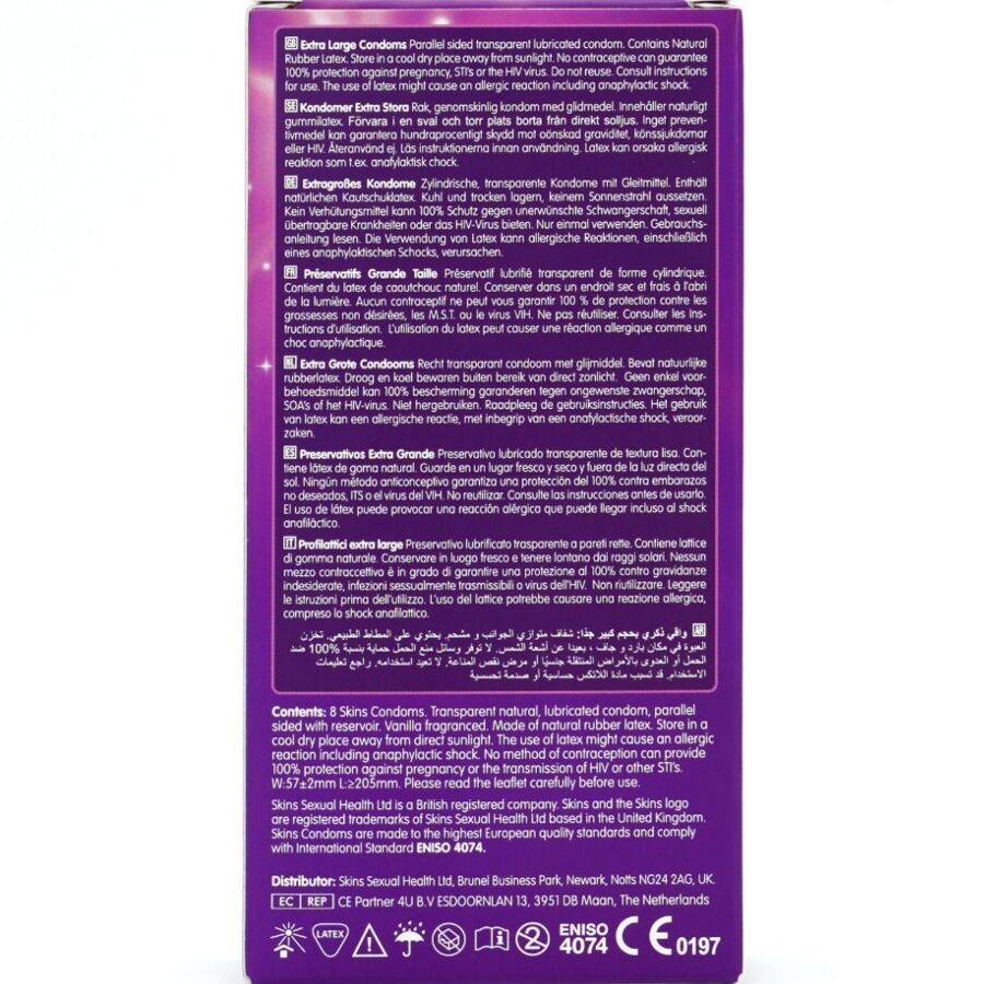 Preservativi extra large SKINS in confezione da 8, profilattici di alta qualità e comfort.