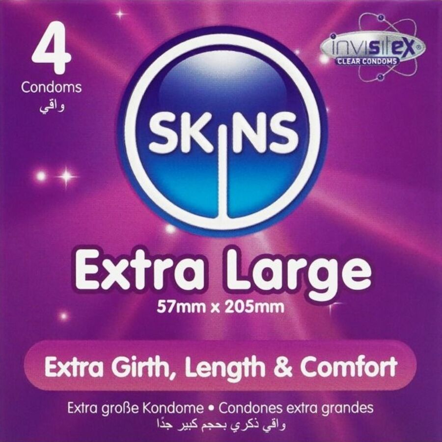 Confezione da 4 preservativi extra large SKINS in confezione premium, visibili in primo piano.