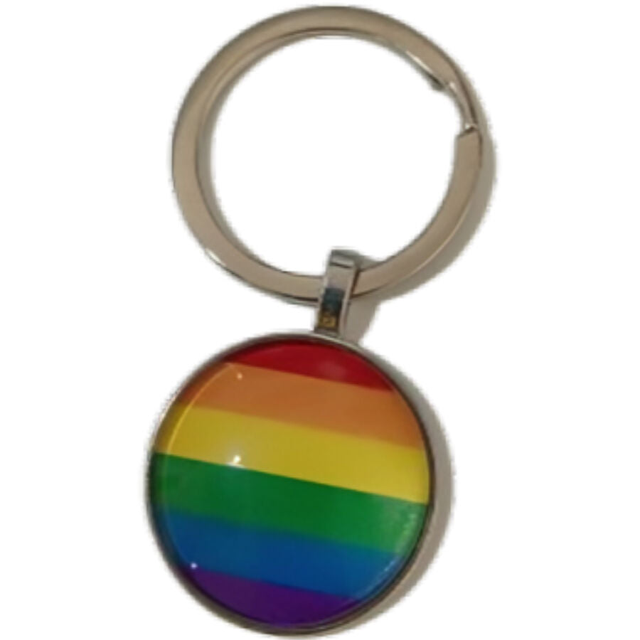 Portachiavi PRIDE con bandiera LGBT colorata, simbolo di inclusione e orgoglio, con logo PRIDE inciso sul metallo.