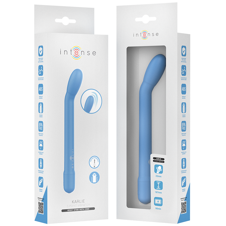 Stimolatore punto G ricaricabile INTENSE Karlie di colore blu, con design ergonomico e superficie liscia, marca INTENSE FUN.