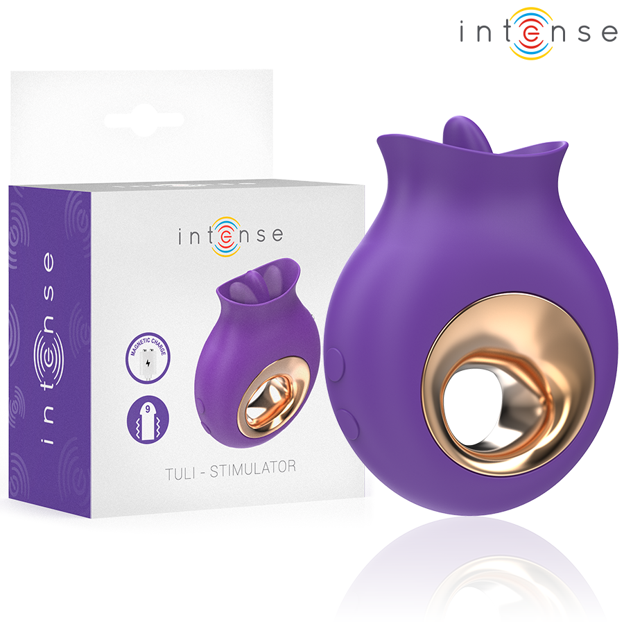 Stimolatore clitorideo INTENSE Tuli con 9 vibrazioni e 9 oscillazioni, colore viola, dettagli del prodotto.