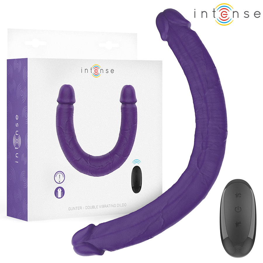 Dildo doppio vibratore viola INTENSE GUNTER di 40 cm con telecomando, dettagli realistici e superficie liscia.