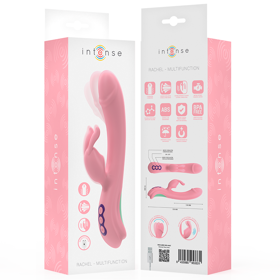 Vibratore rosa INTENSE Rachel Rabbit con 5 modalità di vibrazione, design ergonomico e dettagli realistici, marca INTENSE FUN.