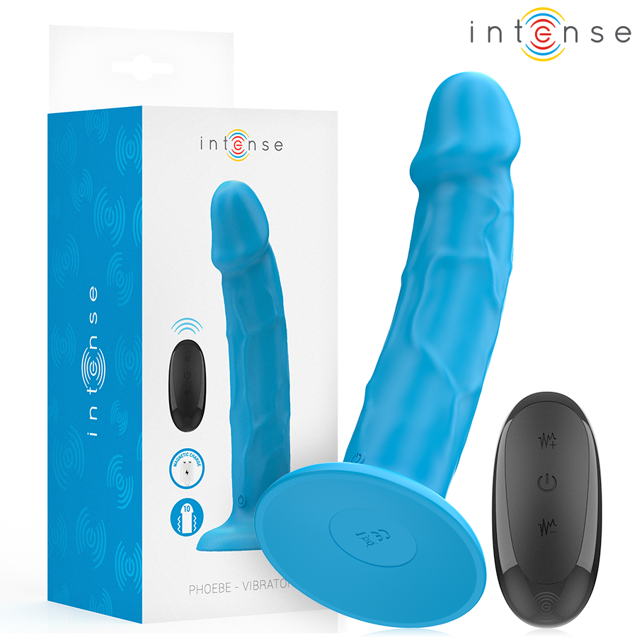 Vibratore realistico INTENSE Phoebe con 10 vibrazioni e telecomando blu, design dettagliato e materiale morbido.
