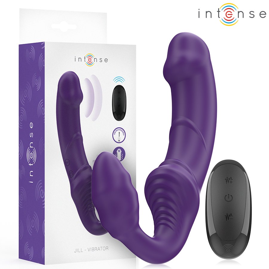 Vibratore doppio viola INTENSE JILL di 20 cm con telecomando, design ergonomico e dettagli luminosi, prodotto di INTENSE FUN.
