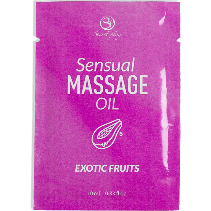 Olio da massaggio monodose SECRETPLAY ai frutti esotici, bottiglia da 10 ml con etichetta colorata e tappo nero.
