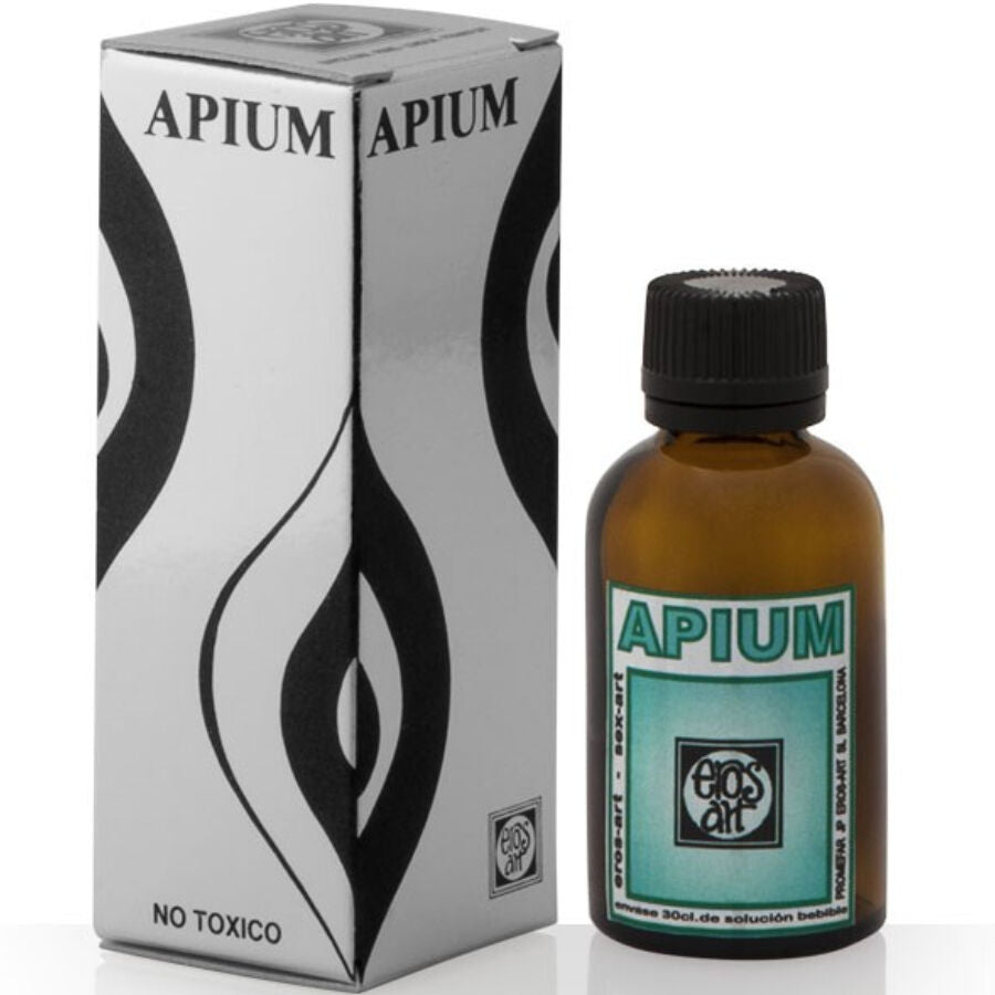 Flacone di EROS-ART Apiun unisex potenziatore della libido da 30 cc con etichetta visibile, per migliorare la vitalità e la funzione sessuale