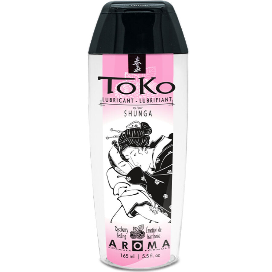 Lubrificante aromatizzato al lampone Shunga Toko, flacone con etichetta elegante, perfetto per uso intimo e sensuale.