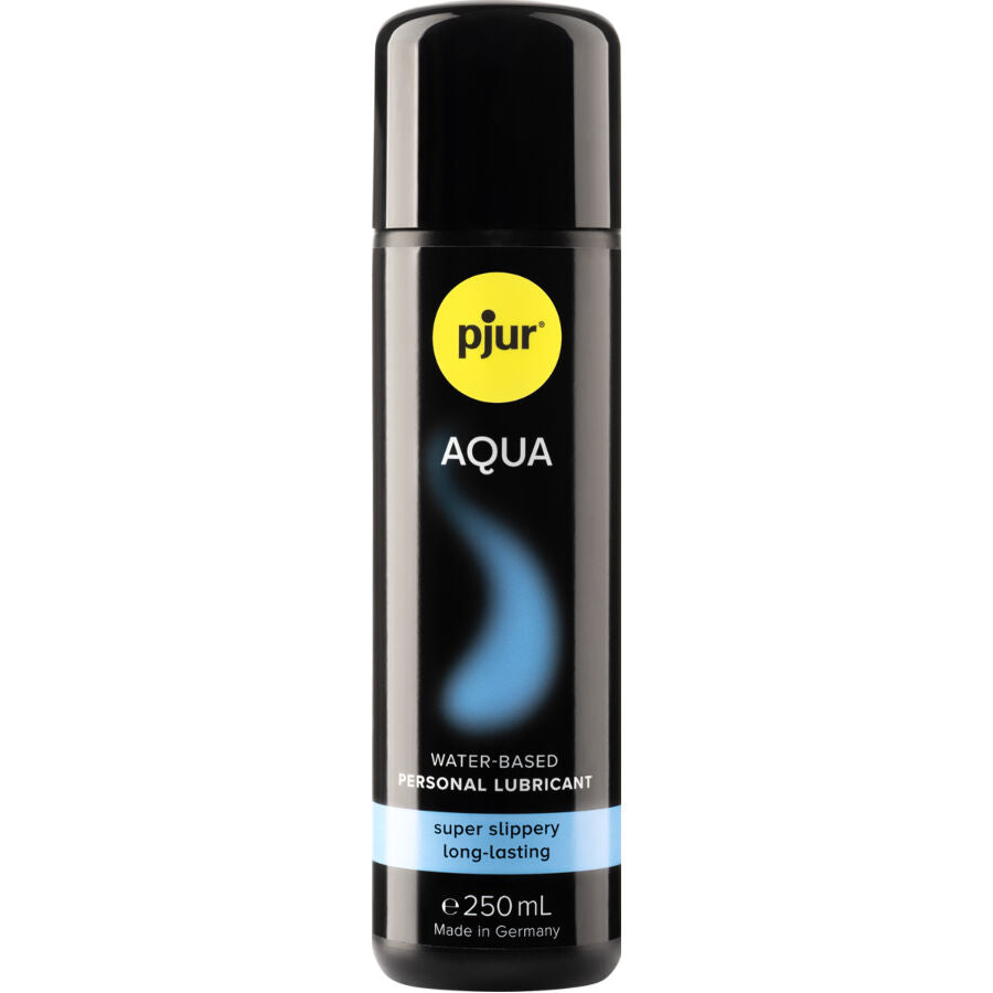 Lubrificante a base d'acqua PJUR AQUA da 250 ml, bottiglia con etichetta blu, ideale per massimizzare il comfort.
