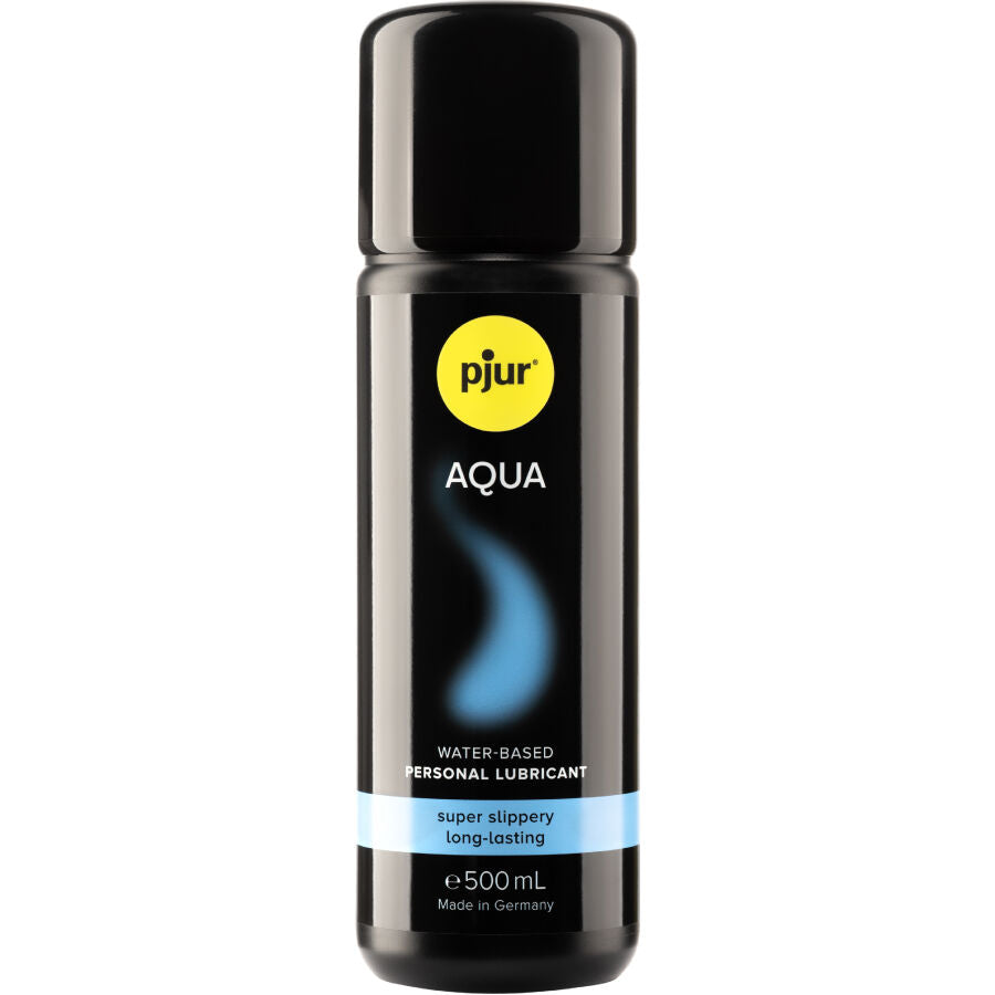 Lubrificante a base d'acqua PJUR AQUA, bottiglia da 500 ml, dettagli visivi del prodotto e dell'etichetta.