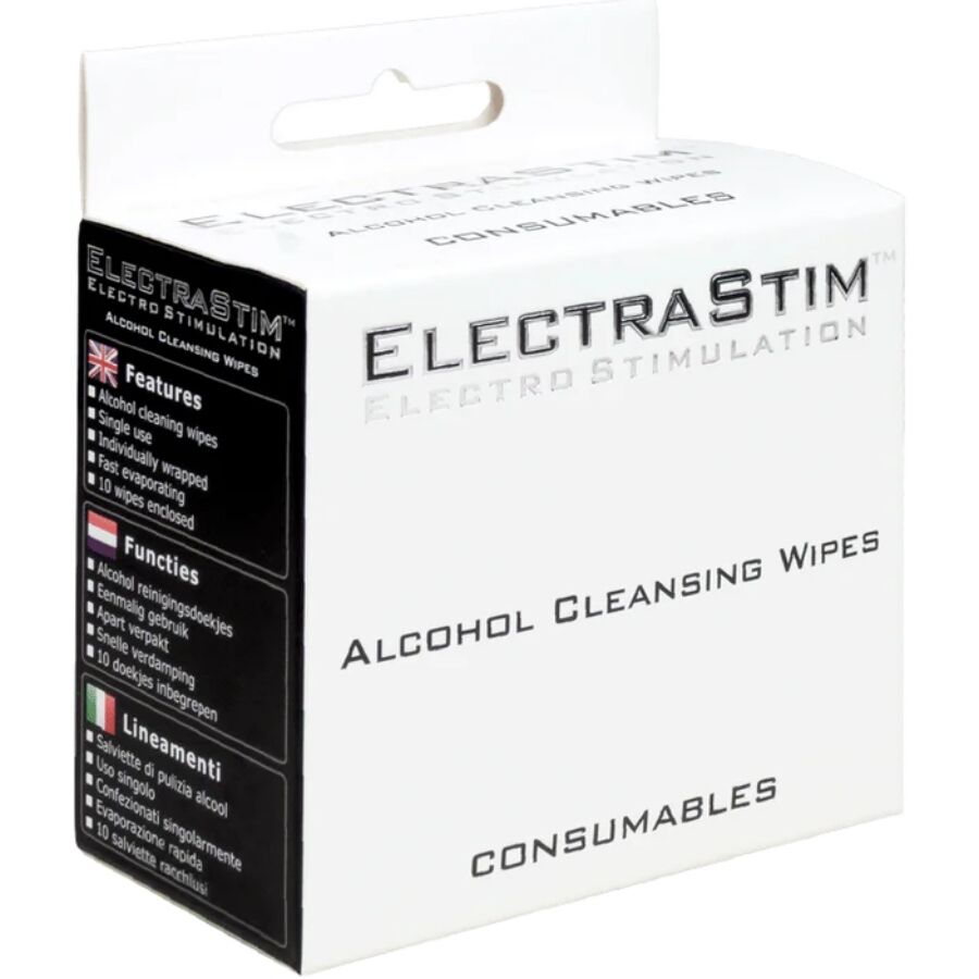 Salviettine detergenti all'alcol Electrastim, confezione da 10 pezzi, ideali per pulizia e disinfezione.
