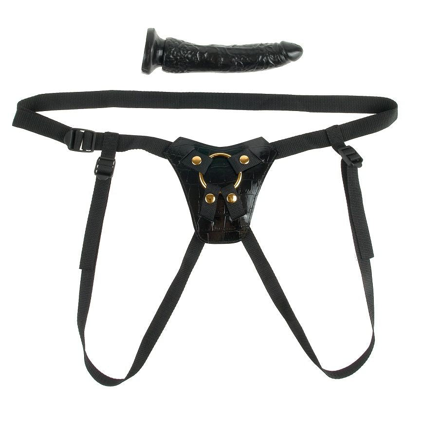 Cinturino designer Fetish Fantasy Gold, in pelle nera con dettagli dorati, mostra il dettaglio del cinturino elegante e sofisticato.