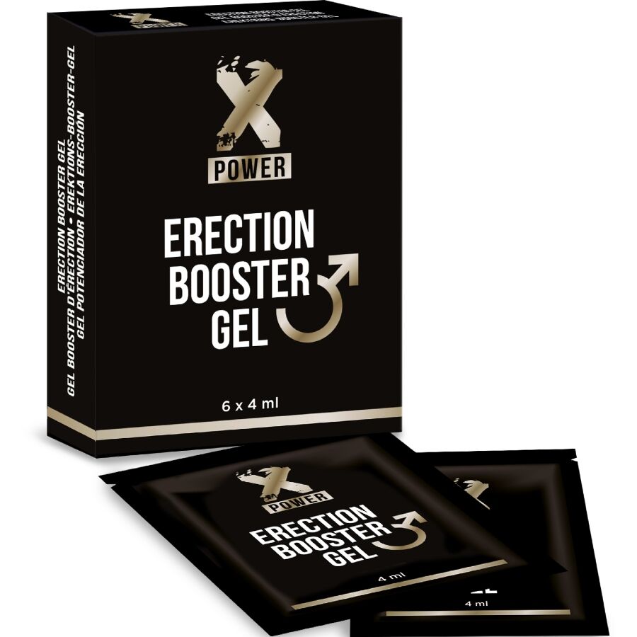 Gel booster XPOWER per l’erezione, confezione da 6 flaconi da 4 ml con etichetta blu e dettagli di prodotto.