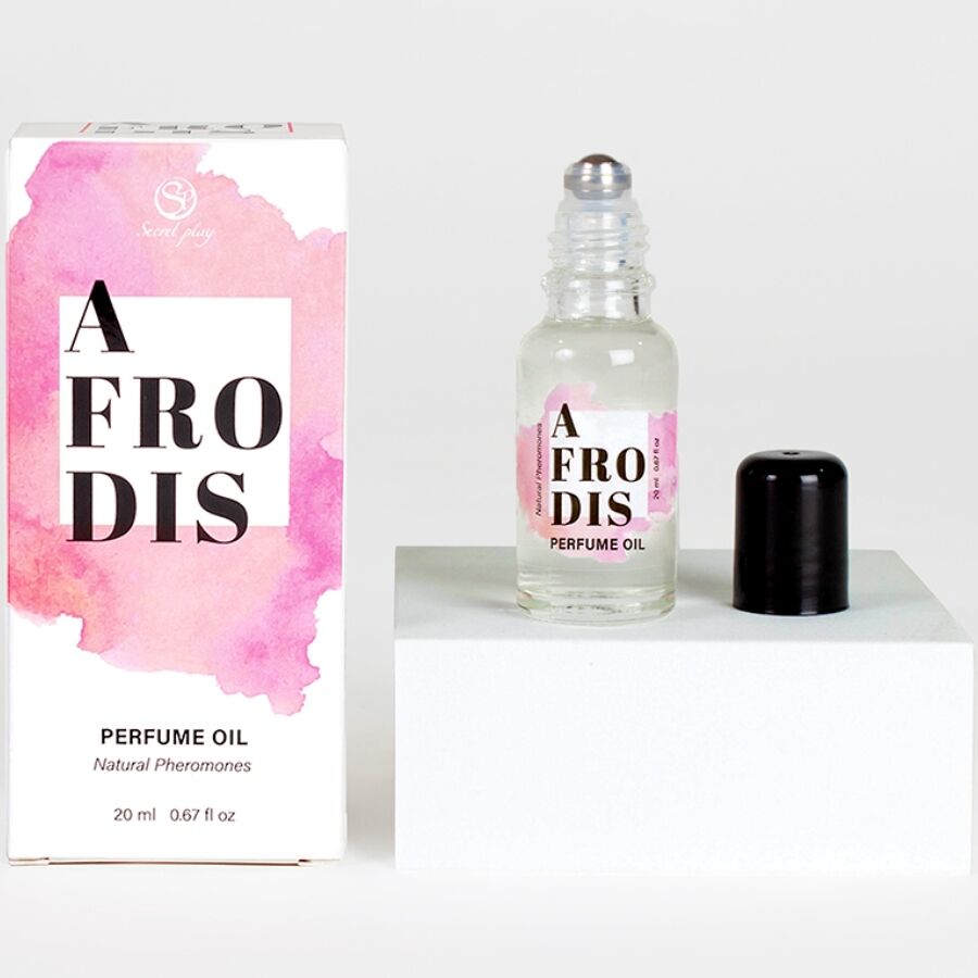 Olio profumo ai feromoni naturali SECRETPLAY AFRODITA in flacone da 20 ml, con bottiglia elegante e dettagli del packaging