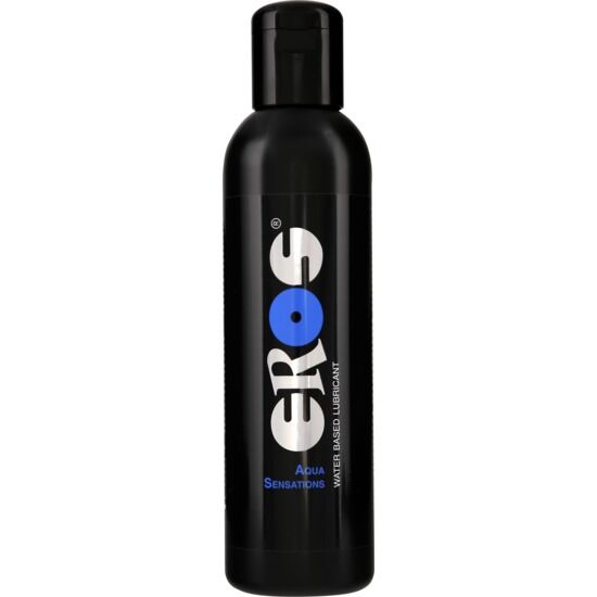 Lubrificante a base acqua EROS Aqua Sensazioni EROS Classic Line, bottiglia da 500 ml con etichetta blu e dettagli bianchi.