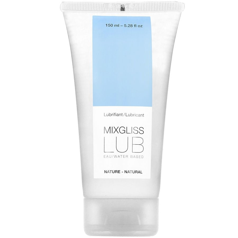 Lubrificante naturale a base d'acqua Mixgliss da 150 ml, bottiglia trasparente con etichetta blu e tappo bianco.