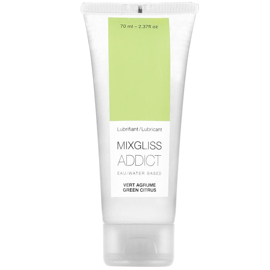 Lubrificante a base acqua MIXGLISS gusto agrumi da 70 ml, bottiglia con etichetta colorata e tappo blu.