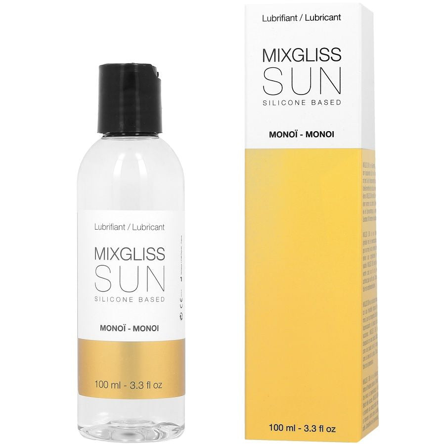 Lubrificante a base silicone MIXGLISS Monoi da 100ml con aroma floreale, bottiglia con tappo blu e etichetta.