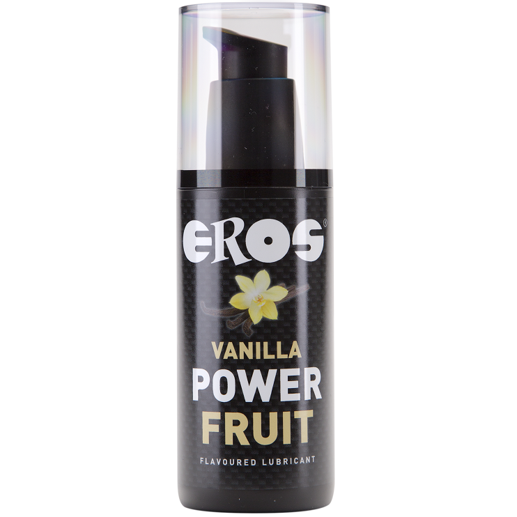 Lubrificante EROS VAINILLA POWER con gusto di frutta, 125 ml, bottiglia con etichetta colorata e design attraente.