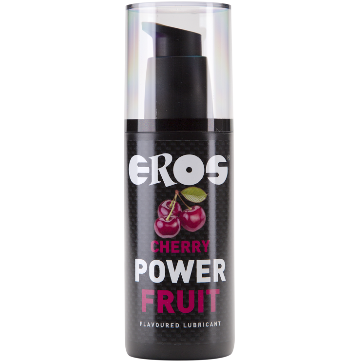 Lubrificante EROS POWER LINE al gusto di frutta Cherry Power, bottiglia da 125 ml con etichetta colorata e design attraente