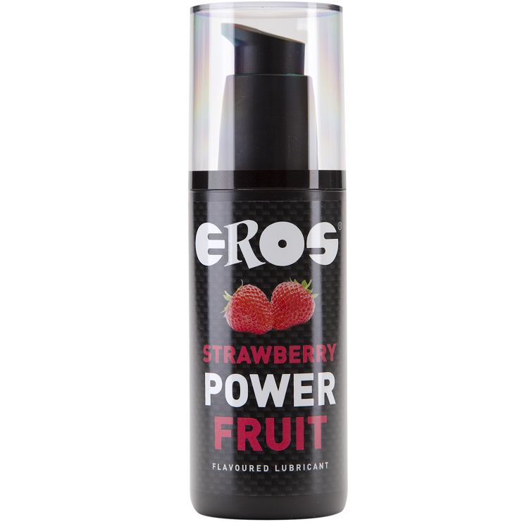 Lubrificante EROS POWER LINE al gusto di fragola, bottiglia da 125 ml, con etichetta colorata e design attraente.