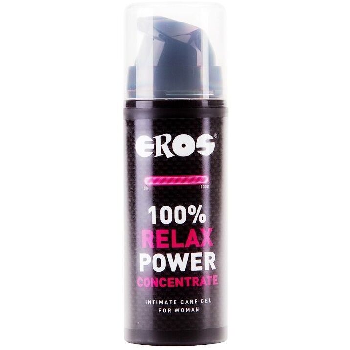 Gel lubrificante anal EROS POWER LINE Relax Anal Power Concentrato, contenuto visibile nella bottiglia con etichetta blu e bianca.