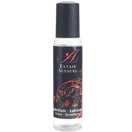 Lubrificante da viaggio EXTASE SENSUAL alla fragola, bottiglia da 35 ml, con etichetta che mostra il prodotto e il logo del marchio