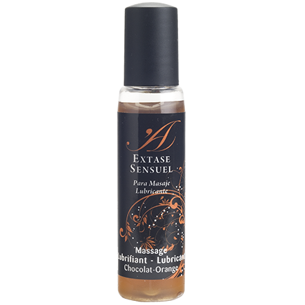Lubrificante da viaggio EXTASE SENSUAL cioccolato e arancia, 35 ml, bottiglia con etichetta colorata e tappo nero.