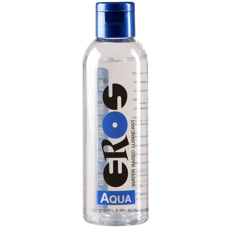 Lubrificante medico denso EROS AQUA, bottiglia da 100 ml, con etichetta blu e dettagli del prodotto visibili.