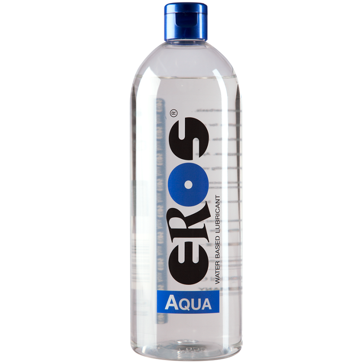 Lubrificante medico denso EROS AQUA, bottiglia da 500 ml, con etichetta blu e design semplice, visibile in primo piano.