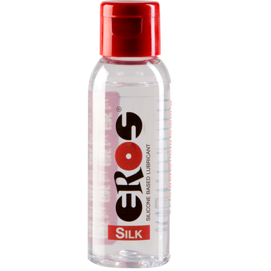 Lubrificante silicone medico EROS Silk 50 ml, con bottiglia trasparente e etichetta blu, per uso intimo e professionale