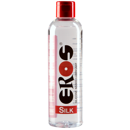 Lubrificante silicone medico EROS Silk da 100 ml, bottiglia con etichetta blu, ideale per uso intimo e professionale.