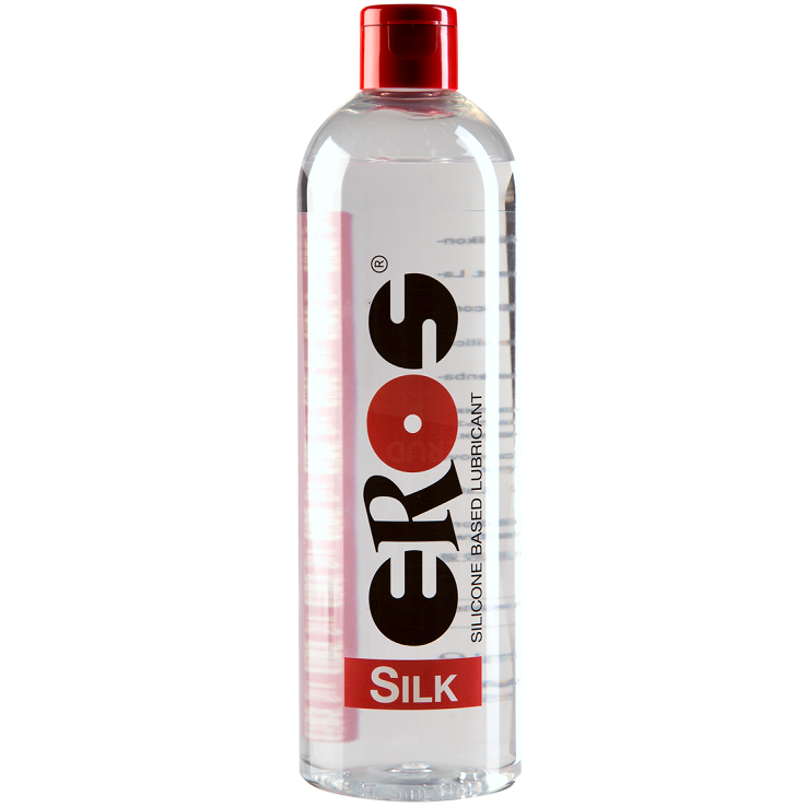 Lubrificante in silicone medico EROS Silk, bottiglia da 250 ml, con etichetta blu e contenuto trasparente.
