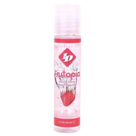 Gel lubrificante ID Frutopia fragola in bottiglia da 30 ml, con aroma fruttato e formato compatto.
