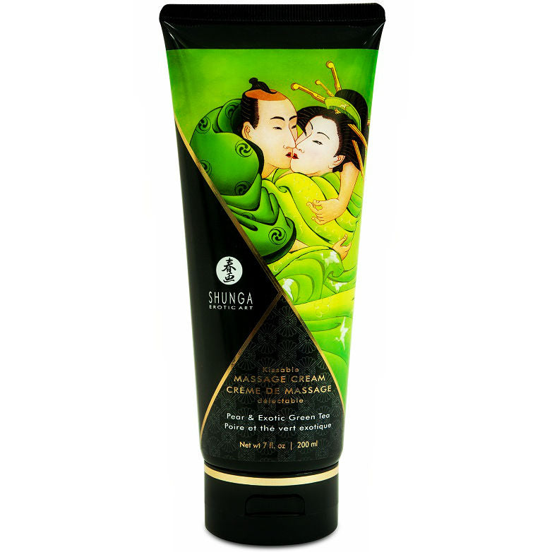 Crema da massaggio Shunga con profumo di pera e tè verde, bottiglia da 200 ml, crema liscia e idratante per il corpo.