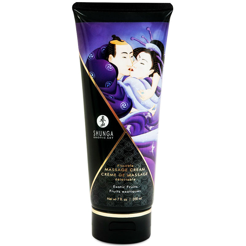 Crema da massaggio Shunga ai frutti esotici in bottiglia da 200 ml, con immagine della crema e fragranza naturale.