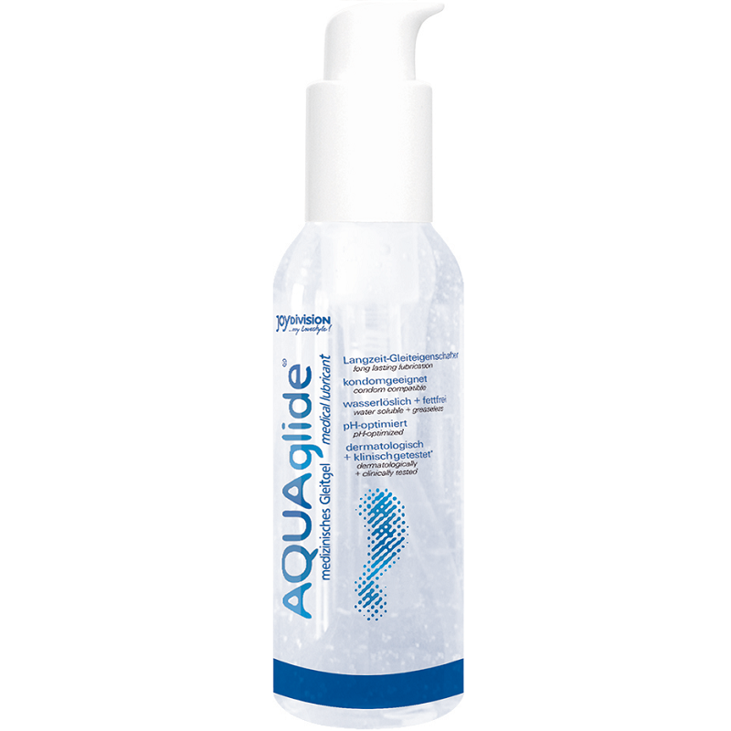 Lubrificante JOYDIVISION AQUAGLIDE in bottiglia da 125 ml, liquido trasparente e setoso, ideale per uso intimo e comfort.