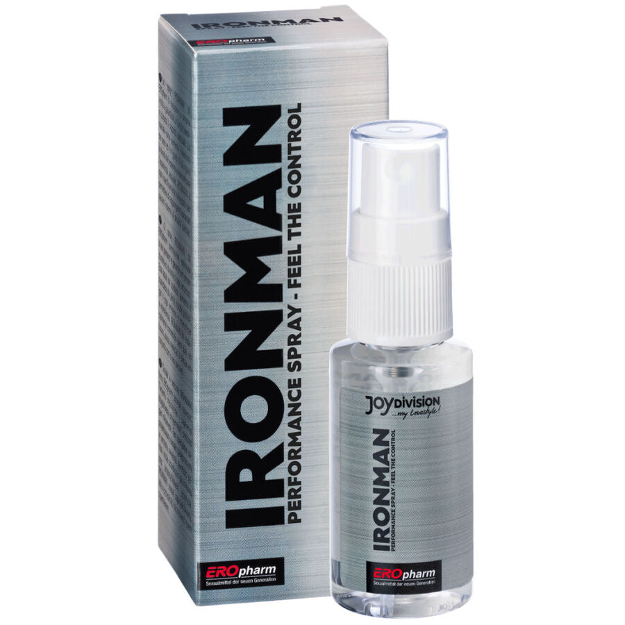 Spray per migliorare le prestazioni JOYDIVISION EROPHARM Ironman, flacone di spray con etichetta blu e bianca, vista frontale.