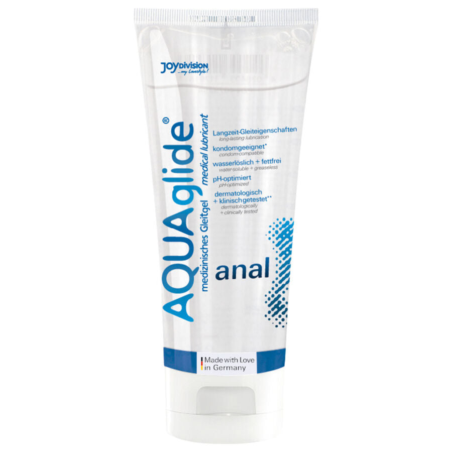 Lubrificante anale JOYDIVISION AQUAGLIDE da 100 ml, flacone con etichetta blu e bianca, mostra la bottiglia con tappo a vite.