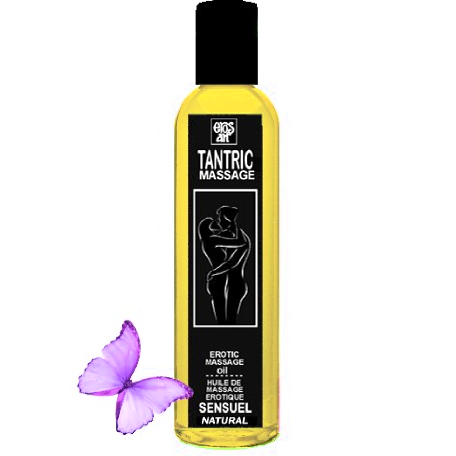 Olio da massaggio tantrico naturale e afrodisiaco EROS-ART in bottiglia da 30 ml, con etichetta e tappo.